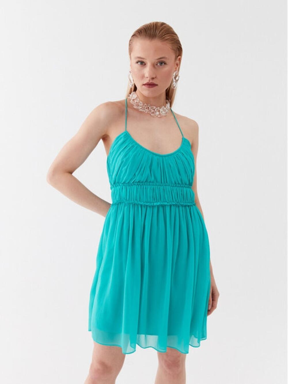 Patrizia Pepe Turquoise Smocked Chiffon Mini Dress Size 4